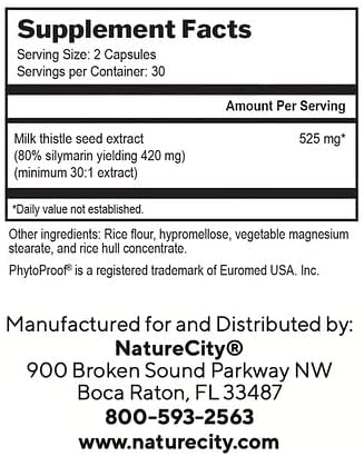 NatureCity TrueMilkThistle | Milk Thistle Supplement 525mg | Milk Thistle (80% silymarin) containing 420mg of Silymarin | Antioxidant Support | Liver Support Supplement | 60 Veggie Capsules