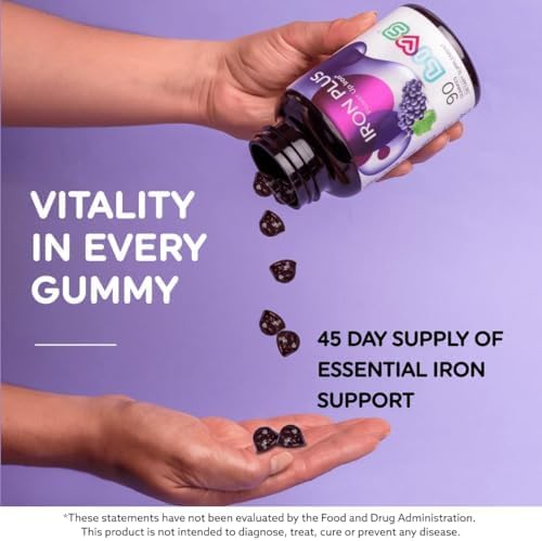 Iron Gummies with Vitamin C for Women, Men & Kids | Chewable Supplement as Gummy with Vitamin B12, B3,B5,B6, Folate & Zinc | Energy Support, Non GMO & Gluten Free | 20mg Iron/Dose -180 Count