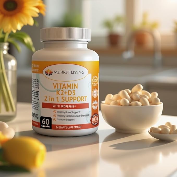 Me First Living Vitamin D3 K2 Supplement Bone and Heart Health Non-GMO Formula 125 MCG Vitamin D3 & 100 MCG Vitamin K2 MK-7 Easy to Swallow Vitamin D & K Complex with Calcium