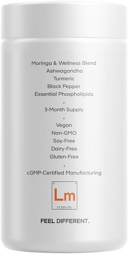 Codeage Liposomal Moringa+ Supplement, 400mg Moringa 50:1 Extract - 20,000mg Moringa Oleifera Leaf Equivalent - Turmeric, Ashwagandha, Black Pepper, 3-Month Supply, Vegan Moringa Powder - 180 Capsules