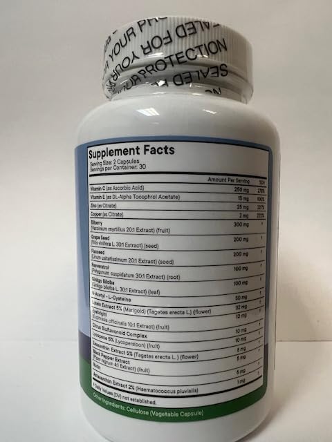Eye Health Vitamins with Bilberry, Lutein & Zeaxanthin, Lycopene, Resveratrol, Grape Seed Extract, Flaxseed Astaxanthin- AREDS 2-120 Capsules