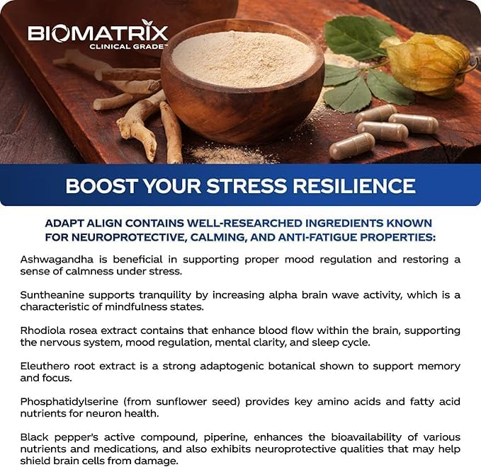 BioMatrix Adaptogen Supplement w/Ashwagandha, L-Theanine, Rhodiola, Ginseng | Cortisol Support, Stress Relief, Focus, Mood | 60 Capsules