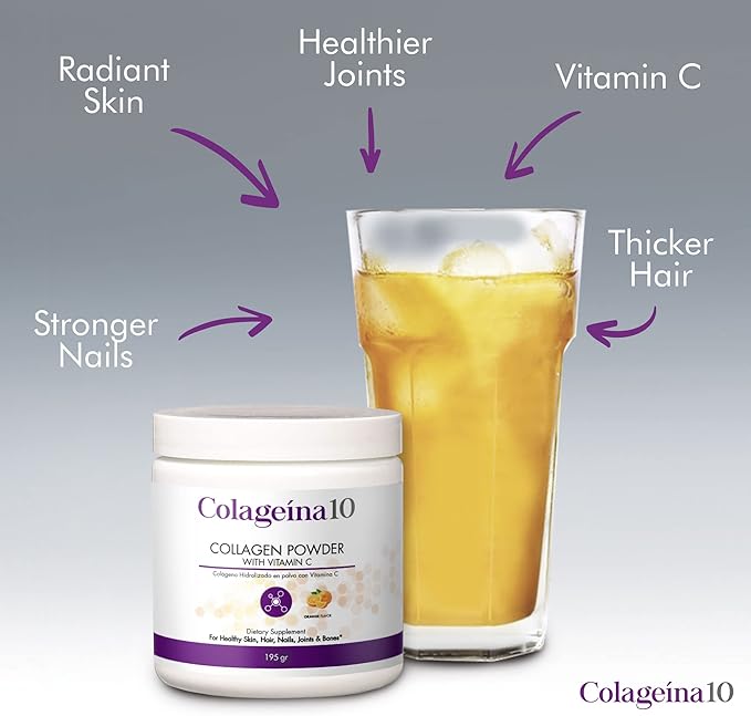 Colageina 10 Hydrolyzed Collagen Powder with Vitamin C (195 gr) - Orange Flavor - Anti-Aging Dietary Supplement for Healthy Skin, Hair, Nails, Joints, and Bones