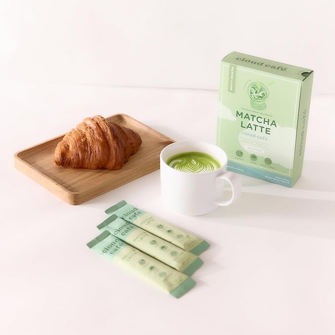 Clöud Café Collagen Infused Matcha Latte Powder - Vitamin E, Chaga Mushroom, & Marine Collagen Powder Instant Tea (10 Sachets)