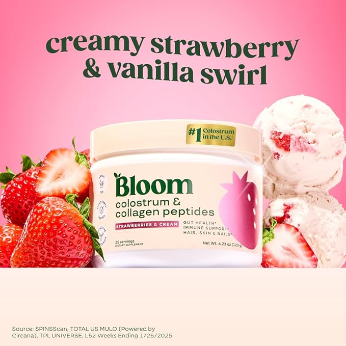 Bloom Nutrition Bovine Colostrum Powder with Vitamin B-12 for Gut Health, Immune Support, Hair Growth & Beauty Supplement | Strawberry, 25 Servings