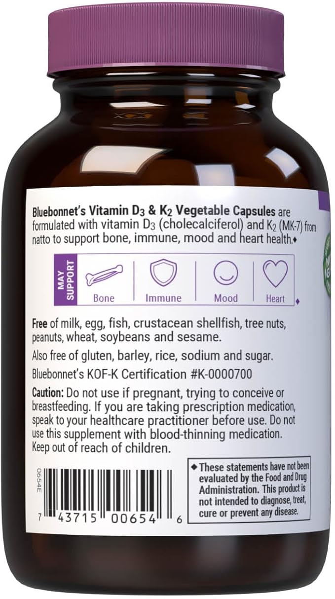 Bluebonnet Nutrition Vitamin D3 & K2, Soy-Free, for Strong-Healthy Bones*, Gluten-Free, Non-GMO, Dairy-Free, Kosher Certified, Vegetarian, 60 Vegetable Capsules, 60 Servings
