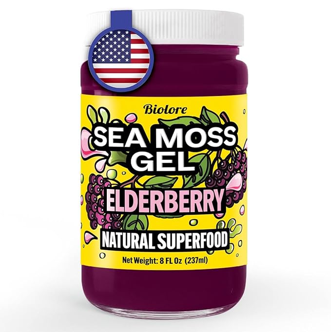 Biolore Sea Moss Gel Elderberry Made in USA Raw Wildcrafted Irish Seamoss Essential Vitamins Trace Minerals Vegan Superfood, Jam, Jelly & Sweet Spread Gifts (Elderberry 8OZ)