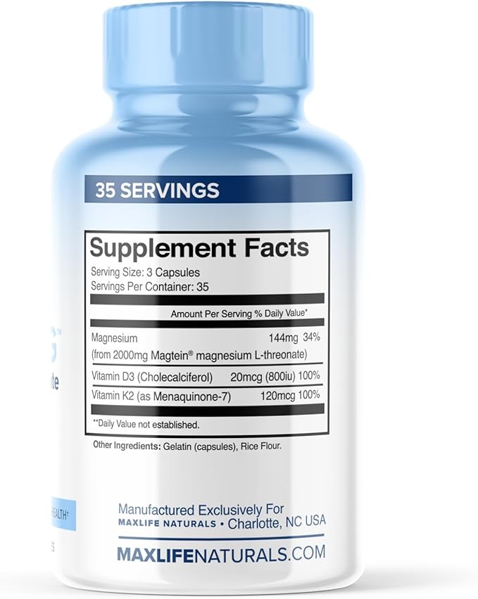 Max-Mag Magnesium L-Threonate Supplement - 105 Capsules Made in USA- Magtein 2000mg Complex with Vitamin D3 and K2 for Sleep, Mood & Brain Magnesium L Threonate Capsules Nutrition by MaxLife Naturals