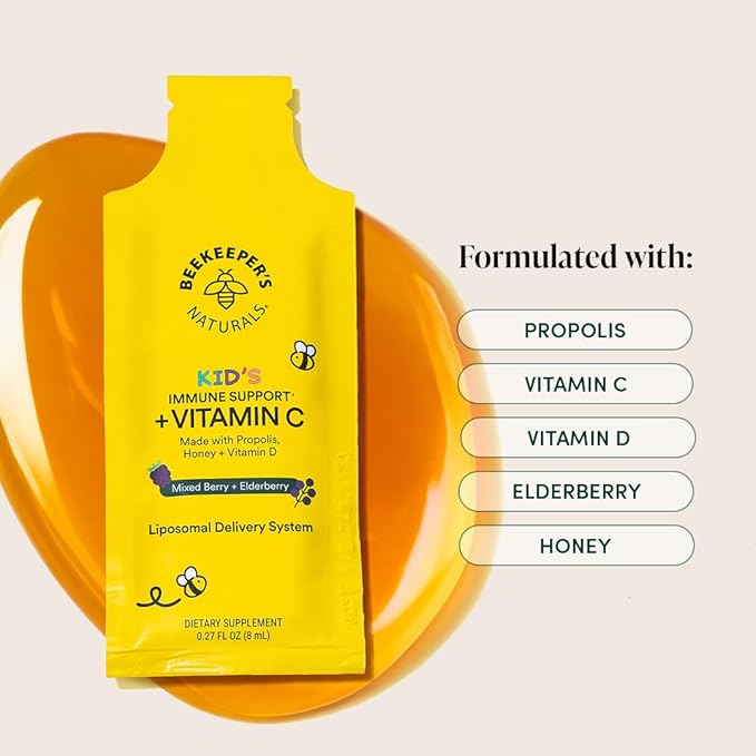 Beekeeper's Naturals Kid's Immune Liposomal Vitamin C, 500 mg Vitamin C, Elderberry, Vitamin D, Propolis & Honey, Kid-Friendly Immune Support - Mixed Berry Flavor, Easy to Use, Bioavailable, 30 Ct
