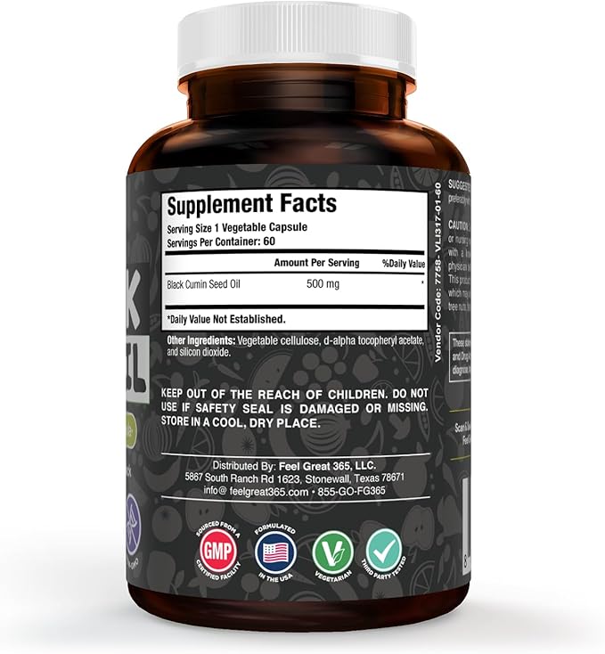 Feel Great Vitamins Black Seed Oil Softgels – Cold-Pressed Nigella Sativa with Vitamin E – 500mg – 60 Vegan Capsules – Non-GMO, Made in USA