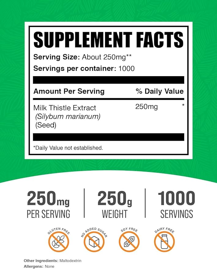 BulkSupplements.com Milk Thistle Extract Powder - Herbal Supplement, Milk Thistle Supplement - Gluten Free, 250mg per Serving, 250g (8.8 oz) (Pack of 1)