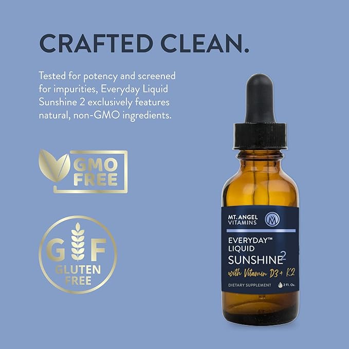 Mt. Angel Vitamins - Vegan Vitamin D3 & K2 Liquid Supplement - 5000 IU D3, Trans MK7 K2 - Gluten-Free, Non-GMO - Perfect for Adults & Kids - Your Daily Dose of Sunshine | K2 D3 Vitamin Supplement