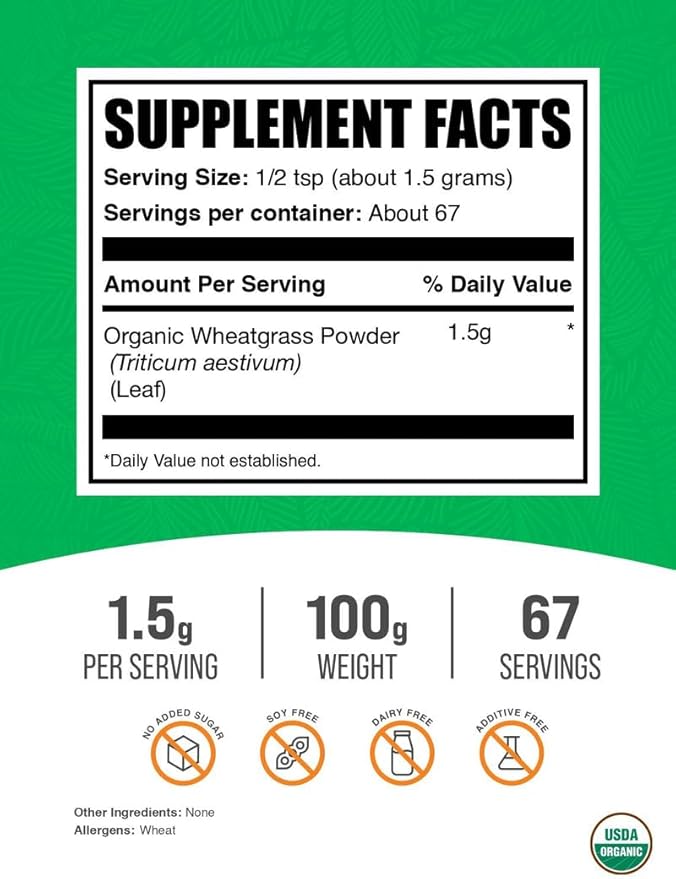 BulkSupplements.com Organic Wheatgrass Powder - Organic Super Greens Powder, Superfoods Supplement - Vegan & Gluten Free, 1.5g per Serving, 100g (3.5 oz) (Pack of 1)