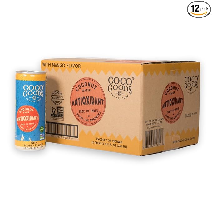 CocoGoodsCo Antioxidant Drink with Coconut Water, Mango – 35mg Natural Caffeine, 0g Sugar, Naturally Sweetened, 10 Calories, with Green Coffee & Vitamin E – 8.11 fl oz Cans (12 Pack)