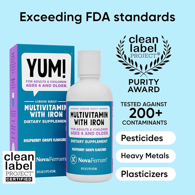 NovaFerrum Yum 16 Fl Oz | Multivitamin with Iron for Ages 4 & Up | Gluten Free Certified | Sugar Free | Raspberry Grape