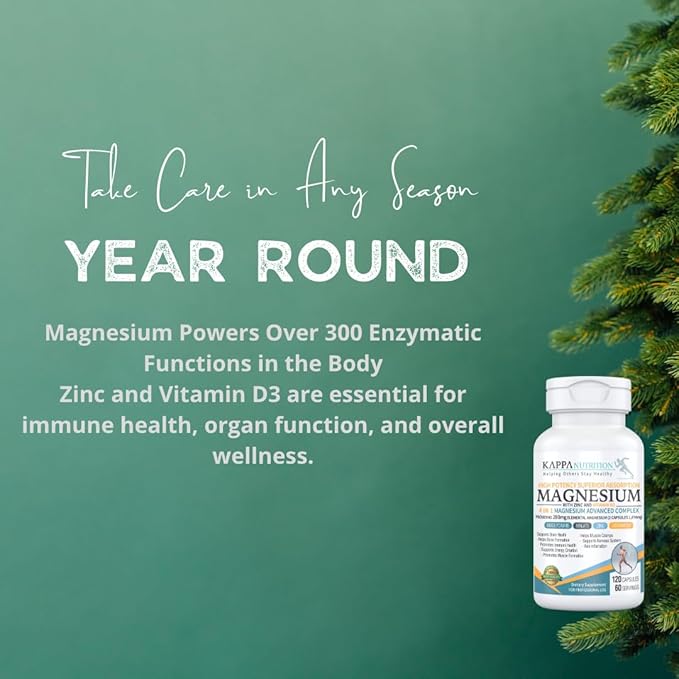 Kappa Nutrition Magnesium 4-in-1, 280mg Elemental Magnesium (Bisglycinate, Malate) + Zinc & Vitamin D3, Brain, Sleep, Energy, Muscle, Immune Support, 120 Vegan Capsules.