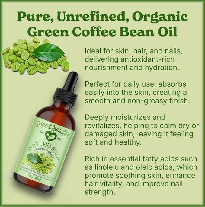 Natural Born Oils Green Coffee Bean Oil, 8oz, Organic, Cold-Pressed, Nutrient-Rich, Skin Elasticity Booster, Hair Nourisher