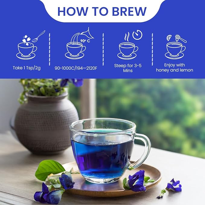 BLUE TEA - Butterfly Pea Flower Tea - 3.52 Oz (300+ Cups) Loose | Antioxidant Rich | Chemical Free - Caffeine Free - Detox Tea - Flower Based - Non Bitter | Zipper Packaging