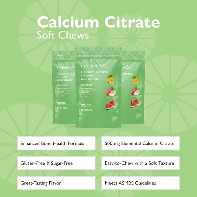 Celebrate Vitamins Bariatric 500mg Calcium Citrate Soft Chews with 500 IU Vitamin D3 – Essential for Gastric Bypass Patients & Bone Health - Sugar & Gluten Free, Fruit (270 Chews)