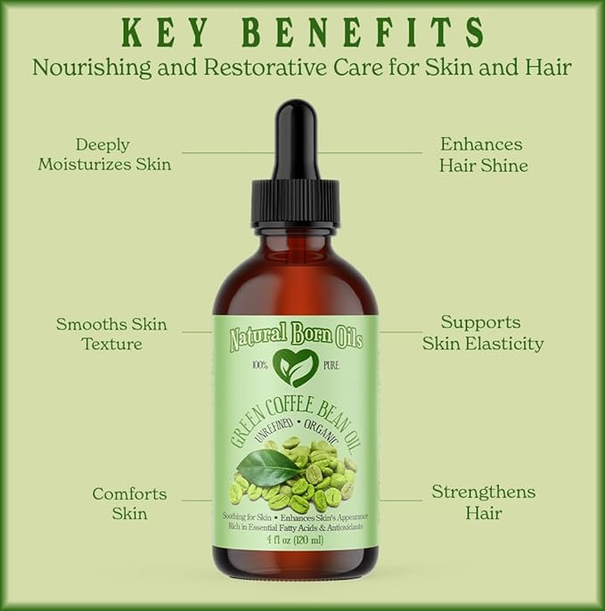 Natural Born Oils Green Coffee Bean Oil, 8oz, Organic, Cold-Pressed, Nutrient-Rich, Skin Elasticity Booster, Hair Nourisher