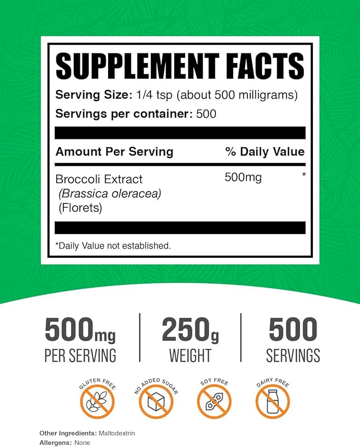 BulkSupplements.com Broccoli Extract Powder - from Broccoli Florets, Sulforaphane Supplement - Vegan & Gluten Free, 500mg per Serving, 250g (8.8 oz) (Pack of 1)