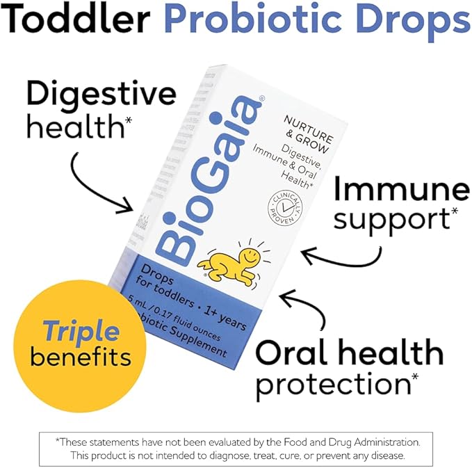 BioGaia Nurture & Grow for Toddlers | Ages 1+ | Liquid Probiotic | Allergen-Free | Triple-Benefit Probiotic for Kids | Digestive Health, Immune Support & Oral Health Protection | 25-Day Supply