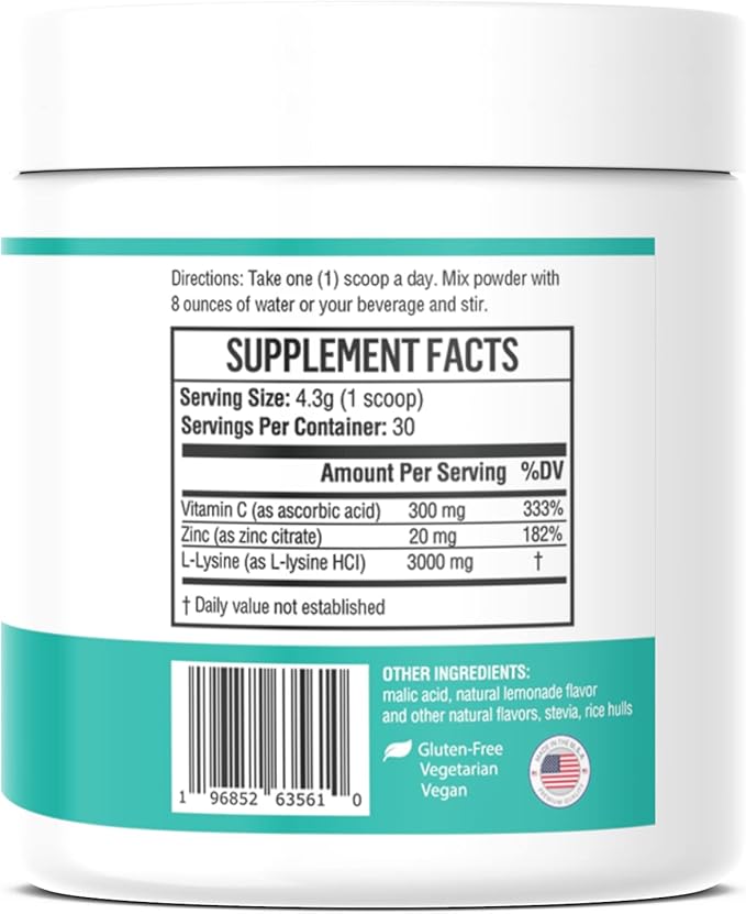 Max-LyZinC | L-Lysine 1100 mg + Zinc 6 mg + Vitamin C 100 mg - 3-in-1 Supplement for Maintaining Blood Sugar Already in The Healthy Range - One-Scoop-Per Day Powder