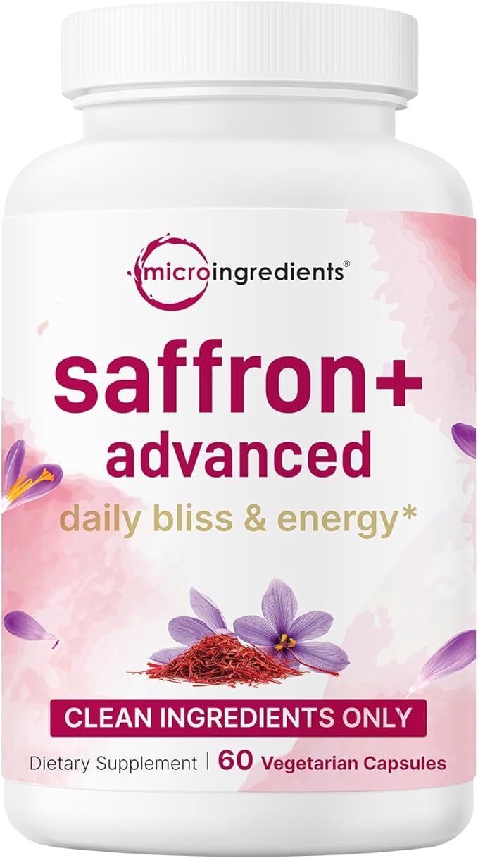 Micro Ingredients Saffron+ Advanced, 60 Veggie Capsules | 10-in-1 Formula with High Absorption Fat-Soluble Vitamin C, Magnesium, Turmeric & Ashwagandha | Mood & Energy Support | Filler Free