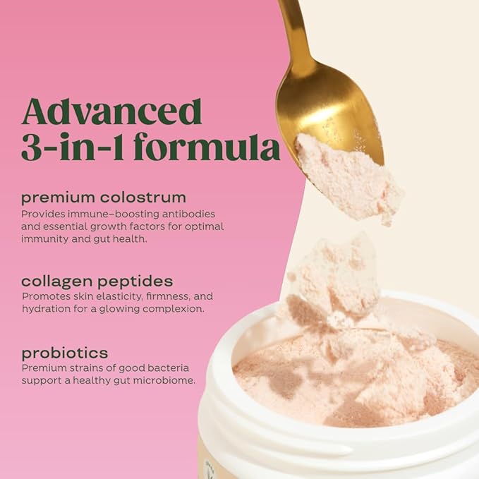Bloom Nutrition Bovine Colostrum Powder for Gut Health, Immune Support, Hair Growth & Beauty Supplement, Gluten Free, Sugar Free | Strawberries & Cream, 25 Servings