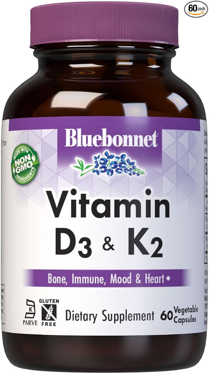 Bluebonnet Nutrition Vitamin D3 & K2, Soy-Free, for Strong-Healthy Bones*, Gluten-Free, Non-GMO, Dairy-Free, Kosher Certified, Vegetarian, 60 Vegetable Capsules, 60 Servings