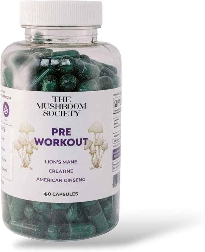 Pre-Workout Supplement - Focus & Performance Stack with Lion’s Mane, Creatine, American Ginseng & Beta-Glucans – Natural Energy & Endurance Without Caffeine - 60 Vegan Capsules