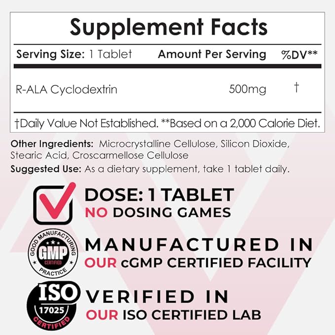 Nootropics Depot R-ALA Cyclodextrin Complex Tablets | 500mg | Optimized R-Alpha Lipoic Acid | 30 Count