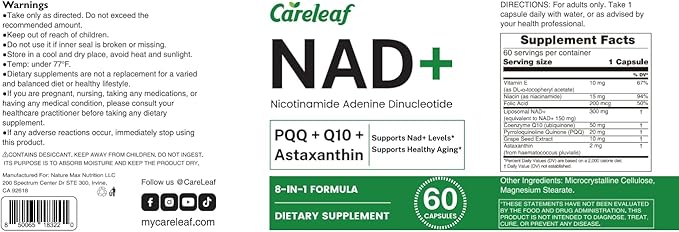 NAD+ Supplement 300mg, Liposomal NAD Boost with PQQ, Astaxanthin, Folic Acid, Vitamin E, High Purity NAD Supplement for Anti-Aging, Cell Longevity, Energy Metabolism - 60 Capsules