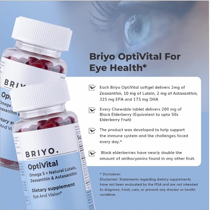 Briyo Optivital Eye Health Supplement with Lutein, Zeaxanthin, Astaxanthin and Omega 3 – Supports Visual Clarity, Screen Fatigue Relief and Long Term Retinal Health – One a Day, 60 Softgels