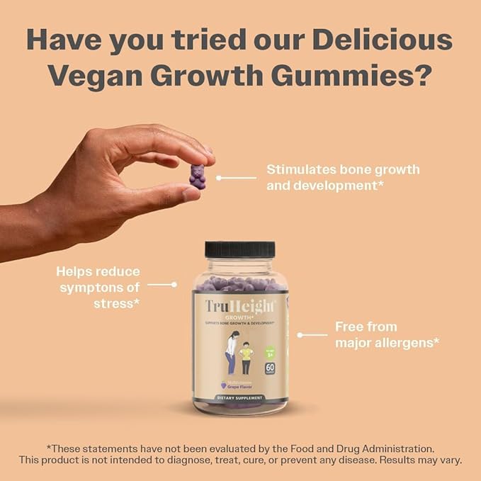 TruHeight Growth Gummies (Grape) Natural Growth & Development Supplement for Kids & Teens - Vitamin D, K, Calcium & Ashwaganda - Bone Strength Vitamins, Picky Eater Vitamin for Kids, Ages 5+ Pack of 2
