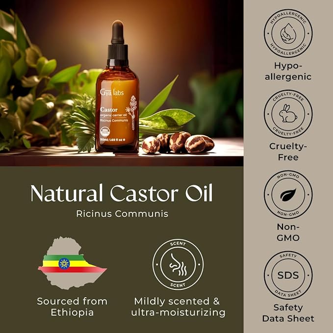 Gya Labs Organic Cosmetics Castor Oil for Eyelashes and Eyebrows - 100% Pure Natural Castor Carrier Oil for Hair, Skin (1.7 Fl Oz + Eyelash Kit)