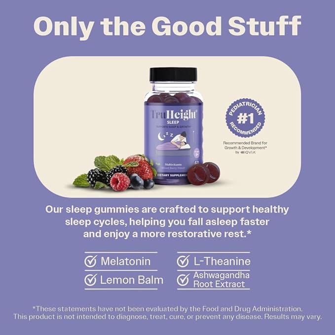 TruHeight Sleep Gummies - Kids & Teen Natural Sleep Aid for Maximum Growth - Pediatric Recommended - Kids Melatonin Gummy - Melatonin, Ashwagandha, L Theanine, Lemon Balm, Ages 4+, Mixed Berry Flavor