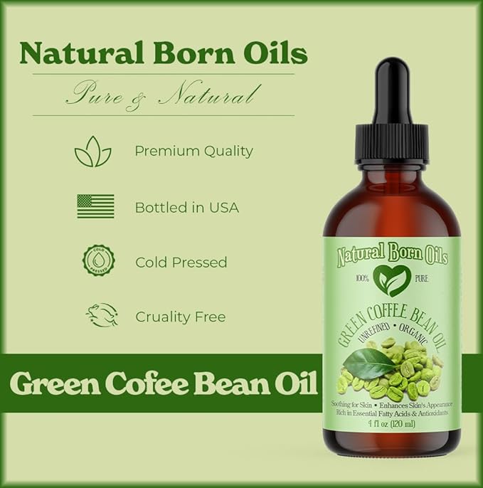 Natural Born Oils Green Coffee Bean Oil, 8oz, Organic, Cold-Pressed, Nutrient-Rich, Skin Elasticity Booster, Hair Nourisher