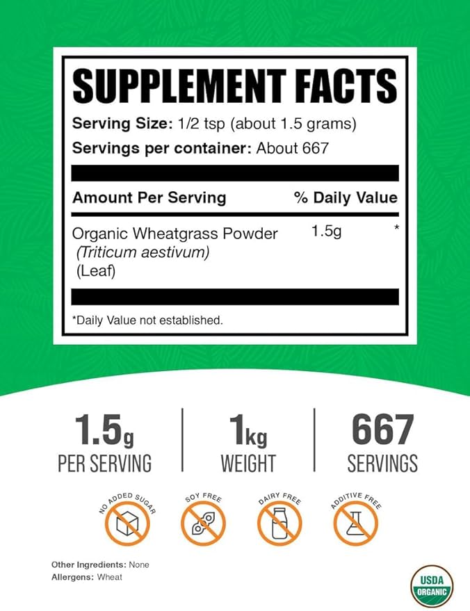 BulkSupplements.com Organic Wheatgrass Powder - Organic Super Greens Powder, Superfoods Supplement - Vegan & Gluten Free, 1.5g per Serving, 1kg (2.2 lbs) (Pack of 1)
