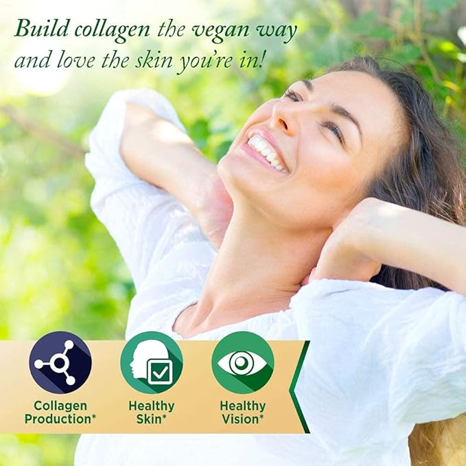 Vegan Collagen Builder - Organic Whole Foods Fruits + Veg, Silica, Lutein, Vitamin C, Biotin, Grape Seed - Amino Acids Glycine, Lysine + Proline Collagen Boosters (30 Servings, Tablets)
