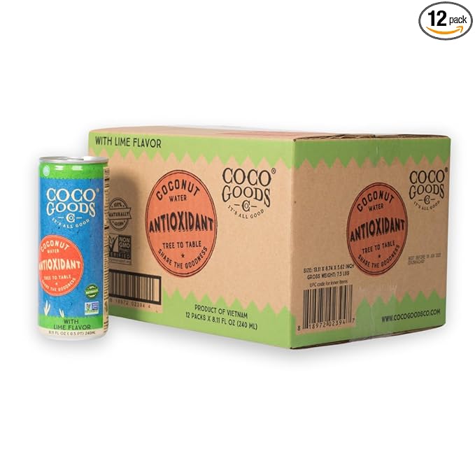 CocoGoodsCo Antioxidant Drink with Coconut Water, Lime – 35mg Natural Caffeine, 0g Sugar, Naturally Sweetened, 10 Calories, with Green Coffee & Vitamin E – 8.11 fl oz Cans (12 Pack)