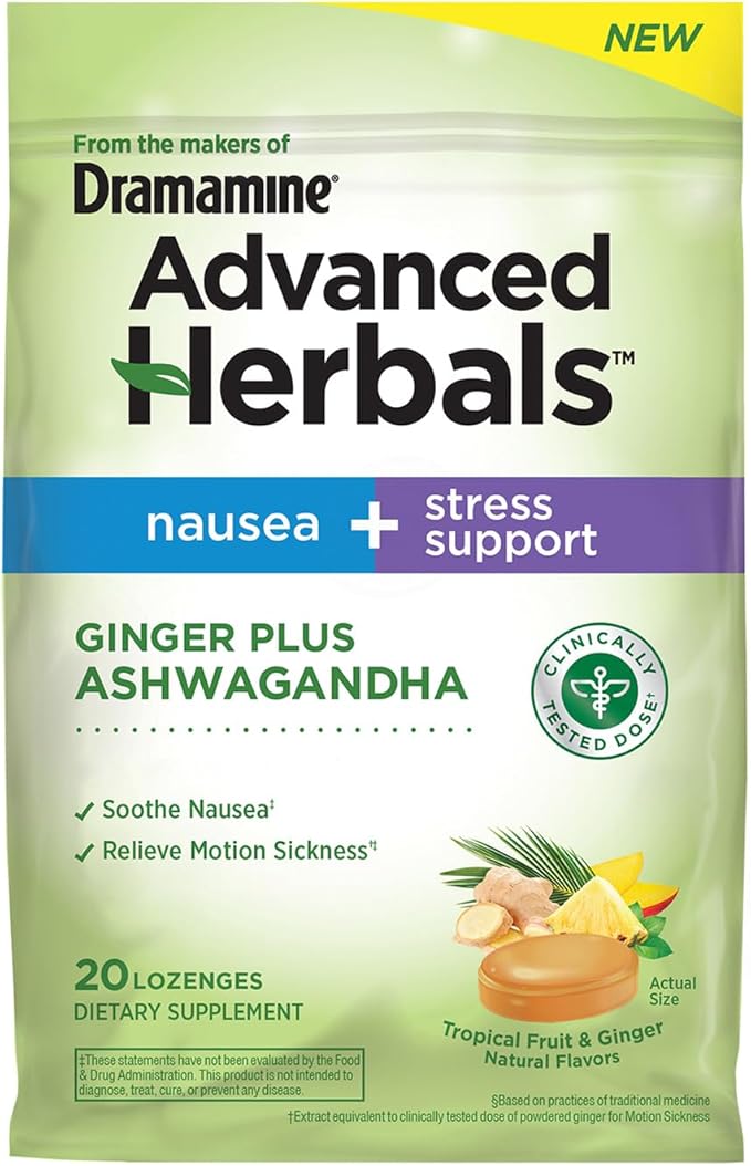 From the Makers of Dramamine, Advanced Herbals, Nausea and Stress Support with Ginger and Ashwagandha, Tropical Fruit and Ginger Flavored Lozenges, 20 Ct