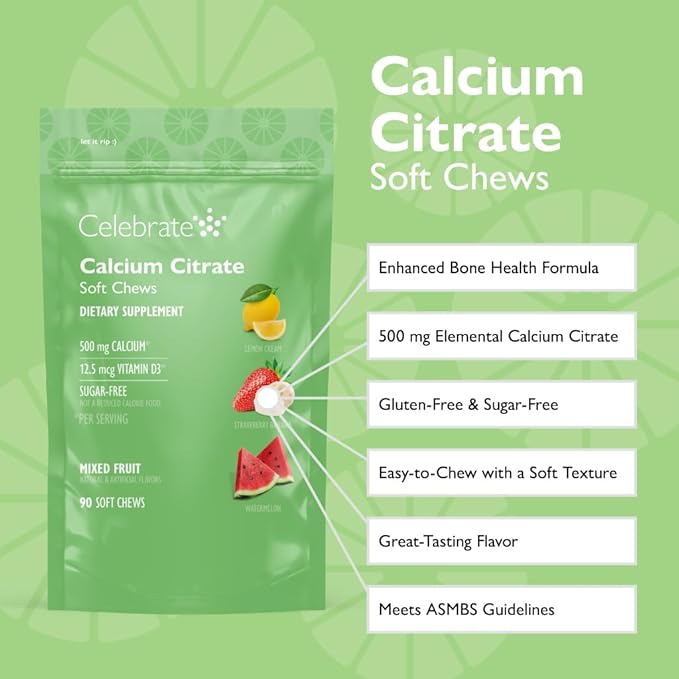 Celebrate Vitamins Bariatric 500mg Calcium Citrate Soft Chews with 500 IU Vitamin D3 – Essential for Gastric Bypass Patients & Bone Health - Sugar & Gluten Free, Fruit (90 Chews)