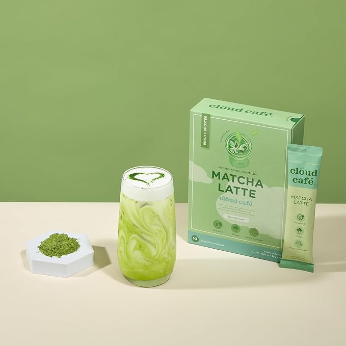 Clöud Café Collagen Infused Matcha Latte Powder - Vitamin E, Chaga Mushroom, & Marine Collagen Powder Instant Tea (10 Sachets)