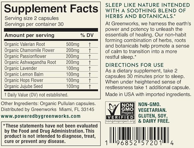 Greenworks Nature's Rest - Advanced Daily Sleep Support with Valerian, Chamomile, Passionflower, Ashwagandha, Lavender, Lemon Balm, Hops Flower & Jujube Seed - Organic, Vegan, Non-GMO (30 Servings)