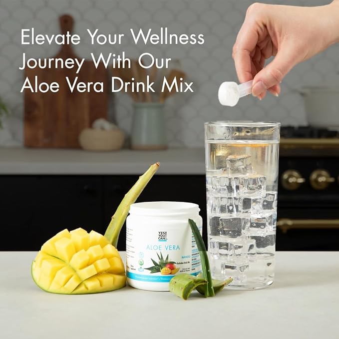 Yes You Can! Organic Aloe Vera Powder Drink Mix - Hydration Booster Infused with Pure Aloe Juice - Delicious Flavors - Made in USA - Antioxidant Rich - Mango Flavor - 40 Servings Per Canister (4 Pack)