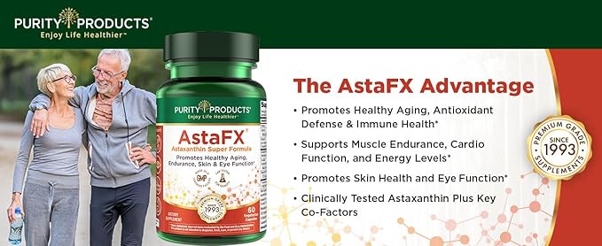 Purity Products AstaFX Astaxanthin Antioxidant Super Formula from Clinically Tested 4 mg AstaREAL with Tocotrienols (Vitamin E) + BioPerine Black Pepper + Piperine - 60 Vegetarian Caps