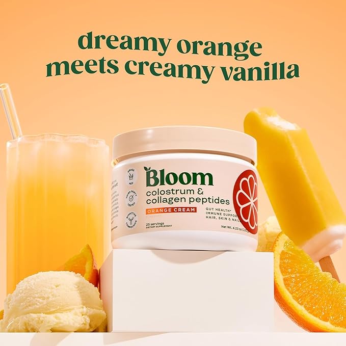 Bloom Nutrition Bovine Colostrum Powder for Gut Health, Immune Support, Hair Growth & Beauty Supplement, Gluten Free, Sugar Free | Orange Cream, 25 Servings