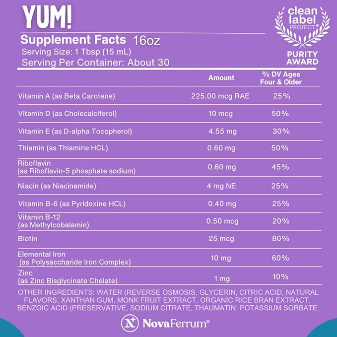 NovaFerrum Yum 16 Fl Oz | Multivitamin with Iron for Ages 4 & Up | Gluten Free Certified | Sugar Free | Raspberry Grape