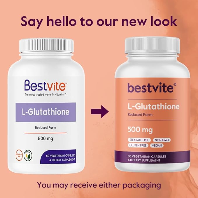 BESTVITE L-Glutathione 500mg (60 Vegetarian Capsules) - No Stearates - Vegan - Non GMO - Gluten Free